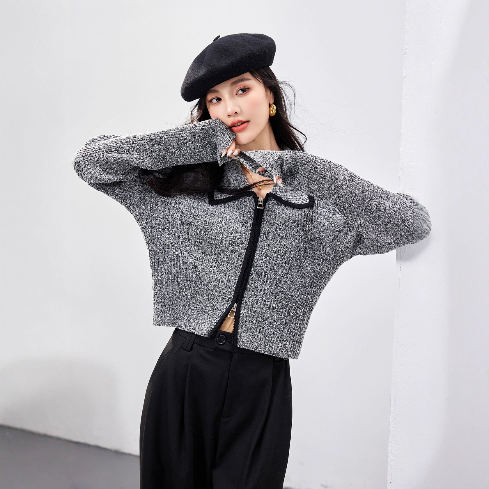 Black and Gray Contrast Double-Zipper Knit Cardigan for Women, Long Sleeve, Chic Xiao Xiang Feng Style Top
