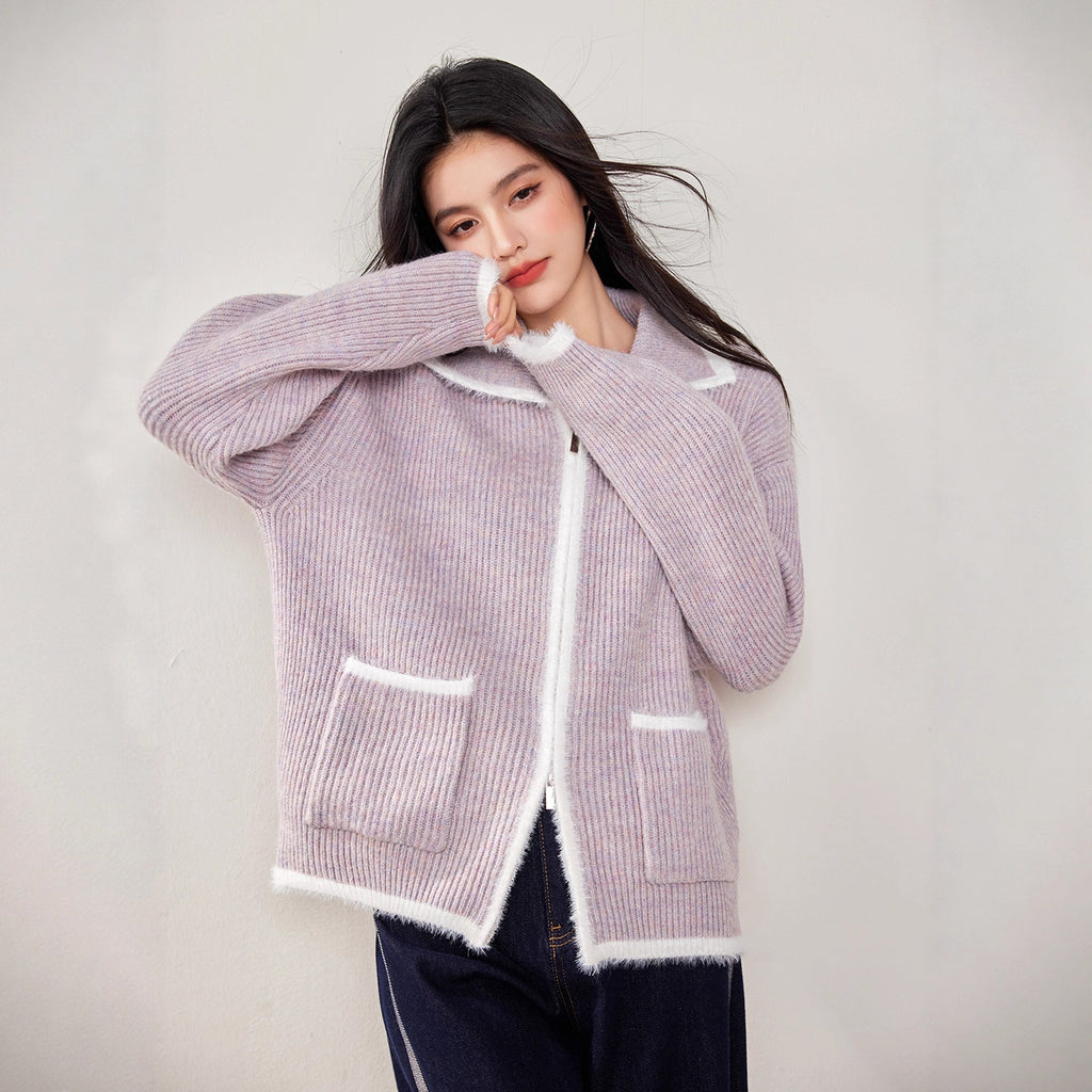 Chic Faux Fur Color-Blocked Knit Cardigan for WomenLong SleeveKnitted Open Front Sweater Coat