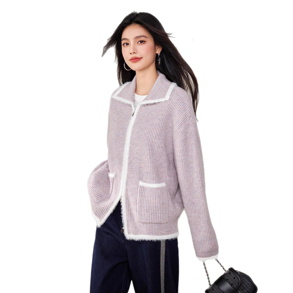 Chic Faux Fur Color-Blocked Knit Cardigan for WomenLong SleeveKnitted Open Front Sweater Coat