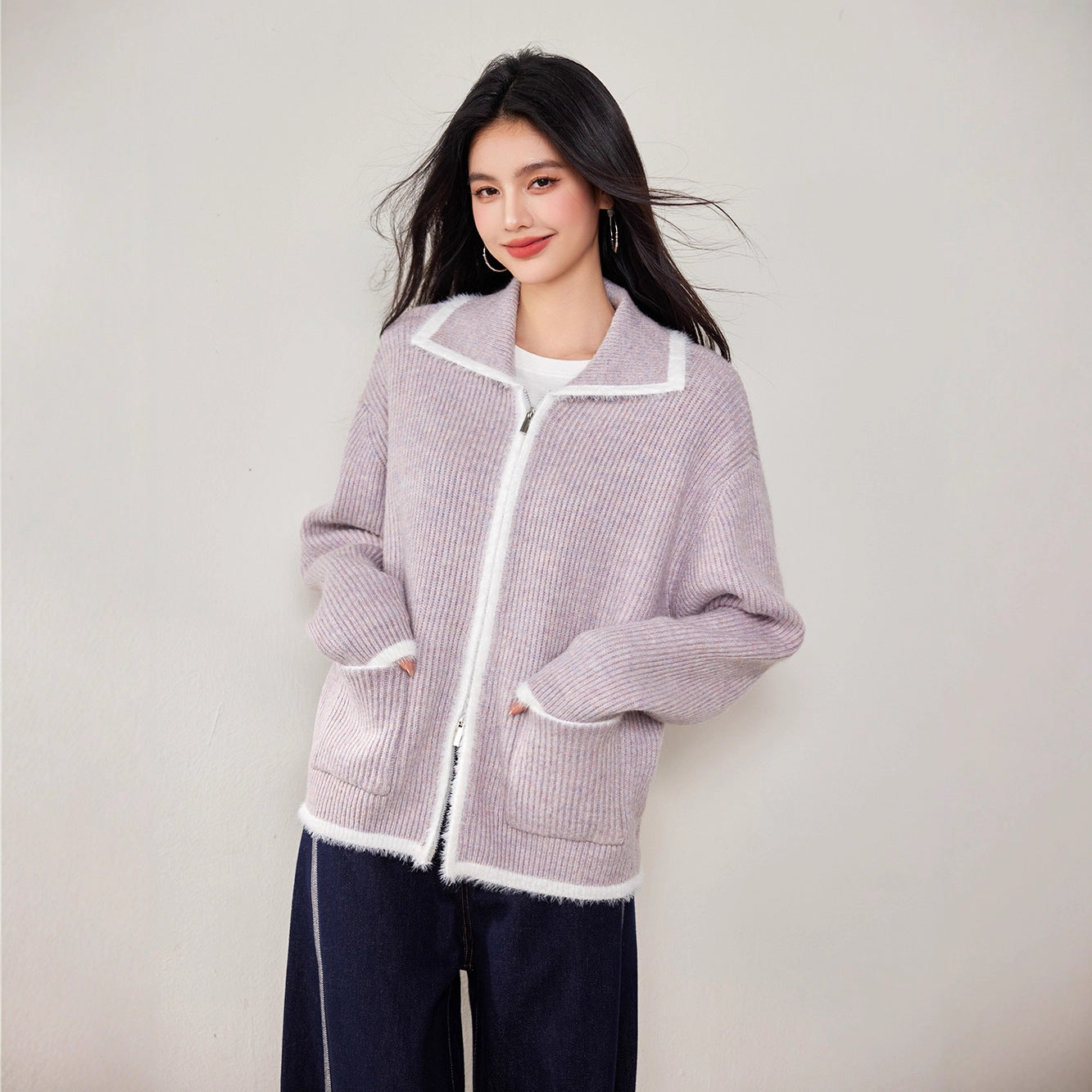 Chic Faux Fur Color-Blocked Knit Cardigan for WomenLong SleeveKnitted Open Front Sweater Coat
