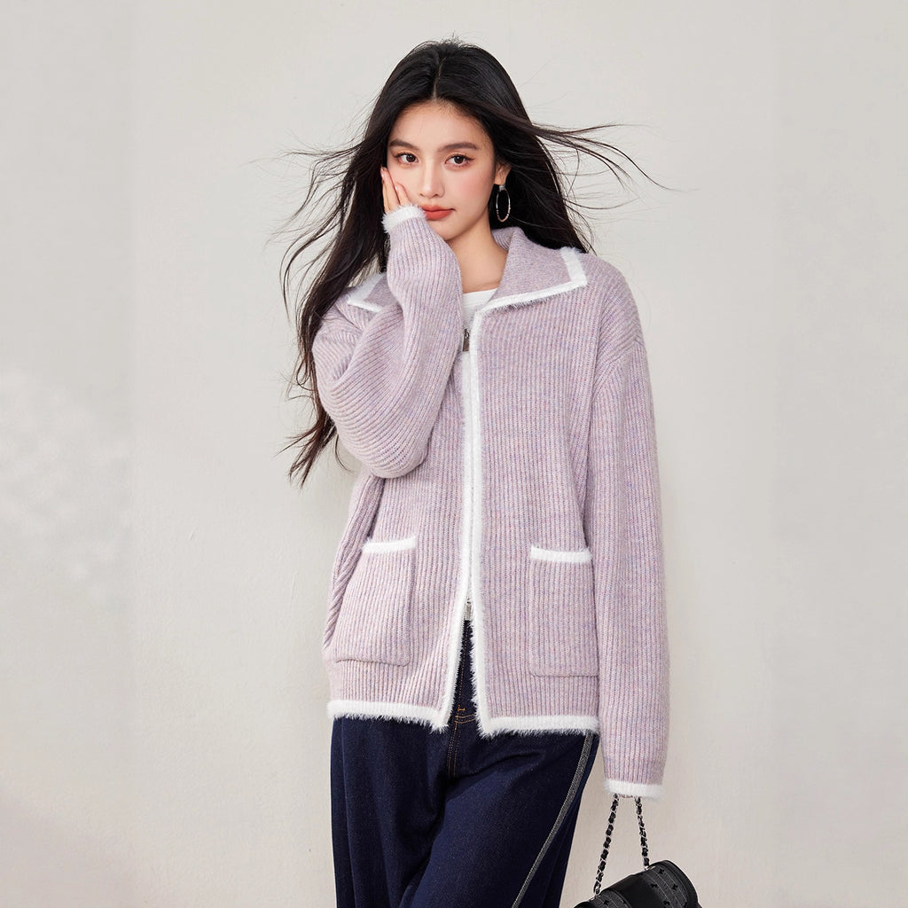 Chic Faux Fur Color-Blocked Knit Cardigan for WomenLong SleeveKnitted Open Front Sweater Coat