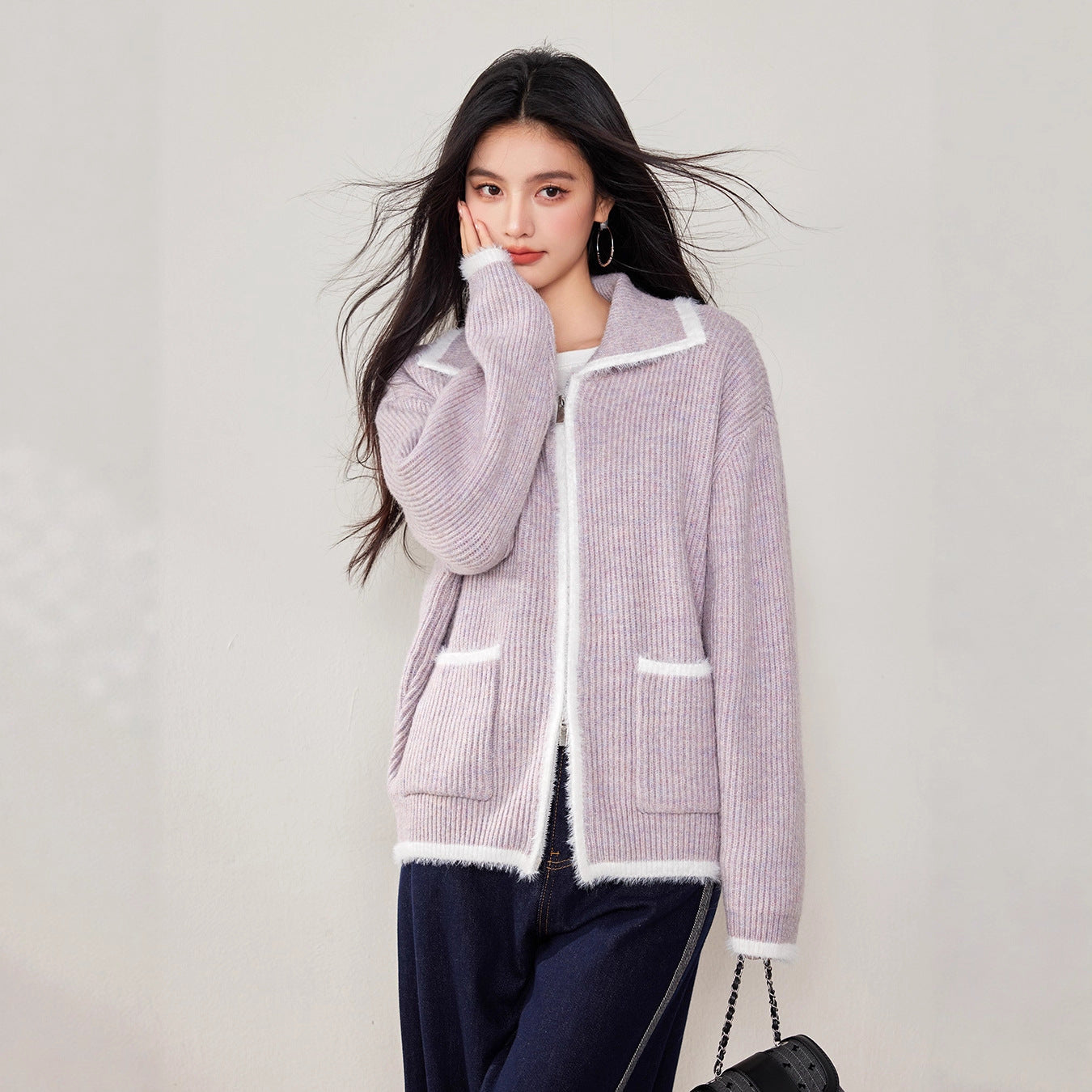 Chic Faux Fur Color-Blocked Knit Cardigan for WomenLong SleeveKnitted Open Front Sweater Coat