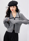 Black and Gray Contrast Double-Zipper Knit Cardigan for Women, Long Sleeve, Chic Xiao Xiang Feng Style Top