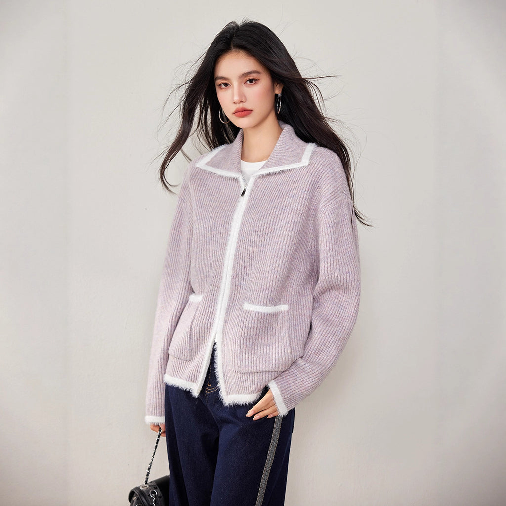 Chic Faux Fur Color-Blocked Knit Cardigan for WomenLong SleeveKnitted Open Front Sweater Coat