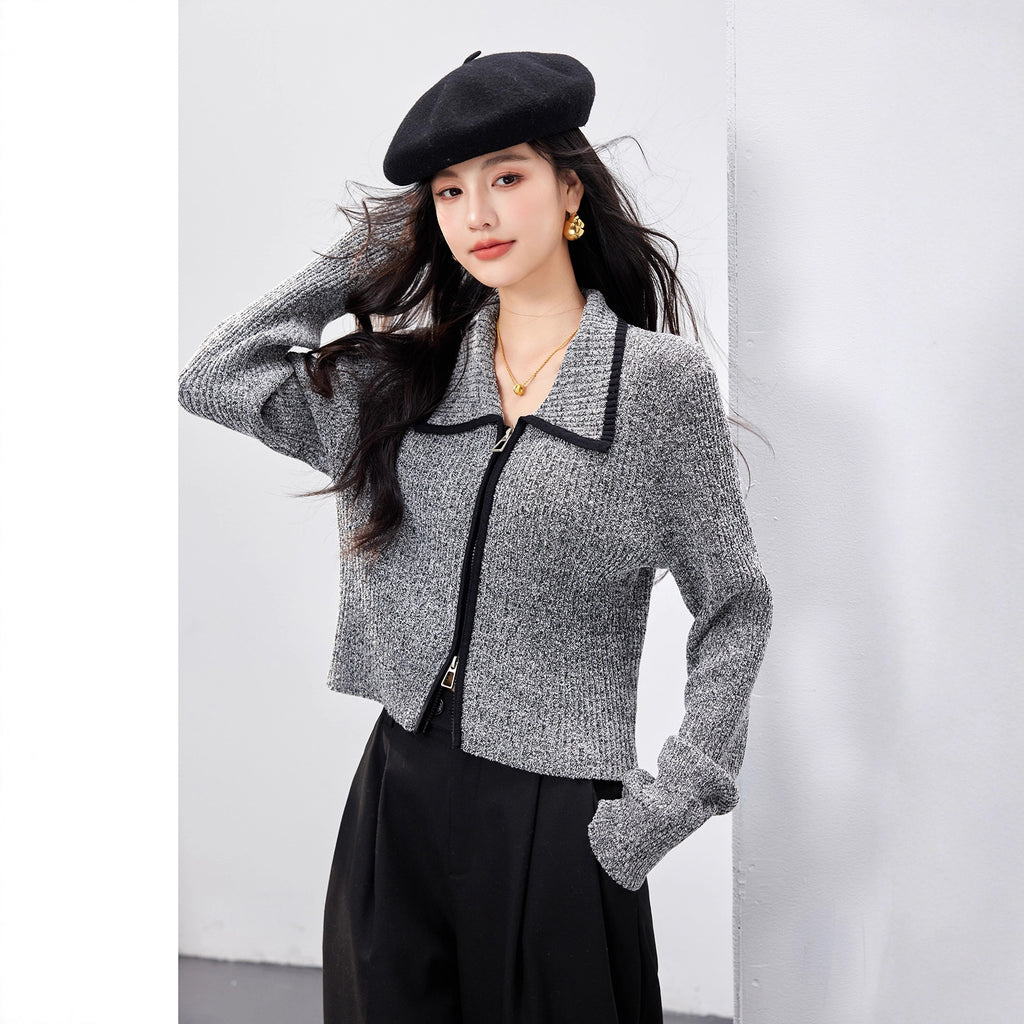 Black and Gray Contrast Double-Zipper Knit Cardigan for Women, Long Sleeve, Chic Xiao Xiang Feng Style Top