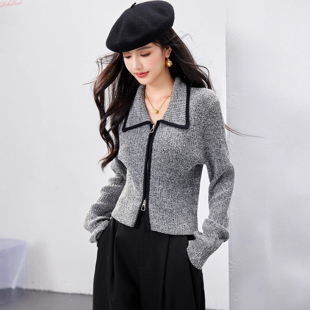 Black and Gray Contrast Double-Zipper Knit Cardigan for Women, Long Sleeve, Chic Xiao Xiang Feng Style Top