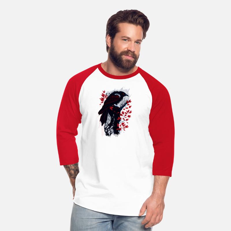 Black and Red Raven on Tree Branch