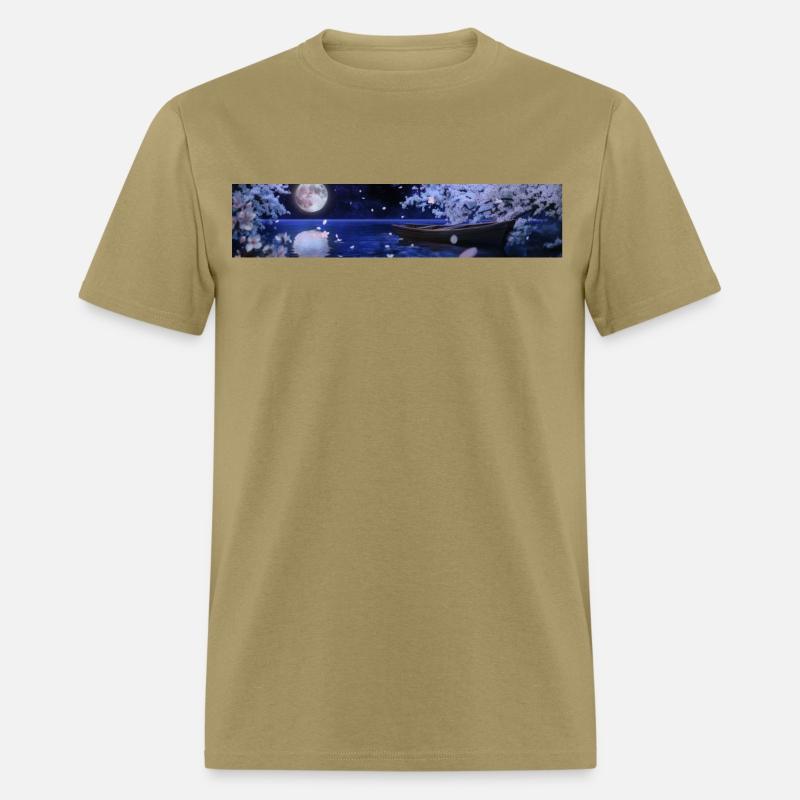 Cherry blossoms at night, moon, boats on the pond