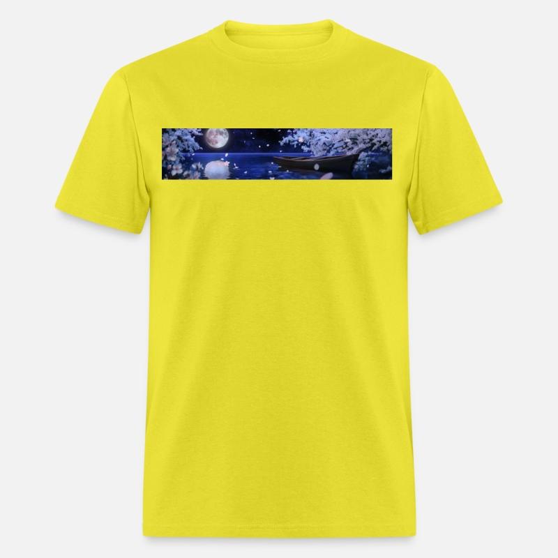 Cherry blossoms at night, moon, boats on the pond