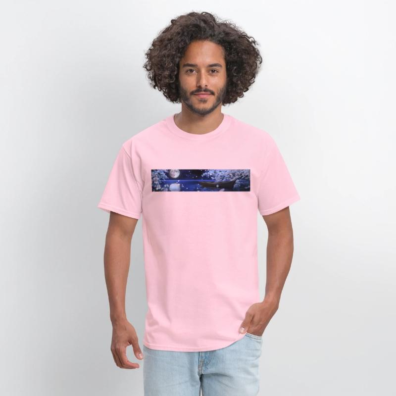 Cherry blossoms at night, moon, boats on the pond