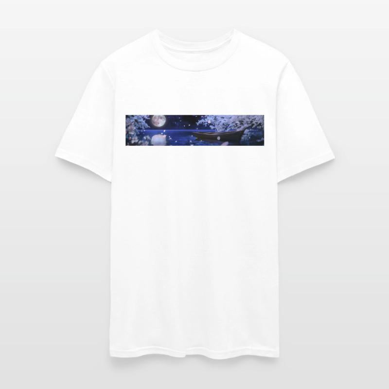 Cherry blossoms at night, moon, boats on the pond