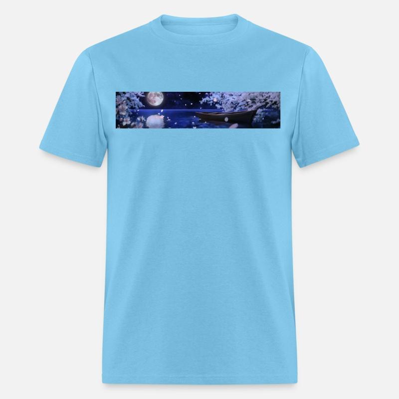 Cherry blossoms at night, moon, boats on the pond