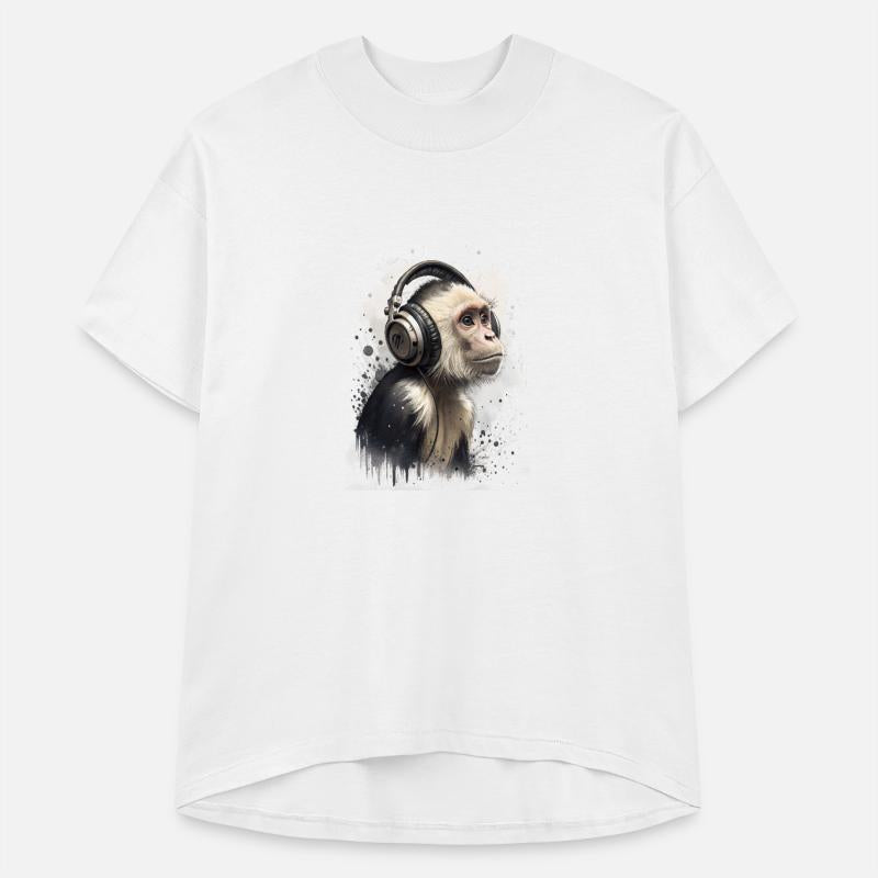 Cool capuchin monkey wearing headphones