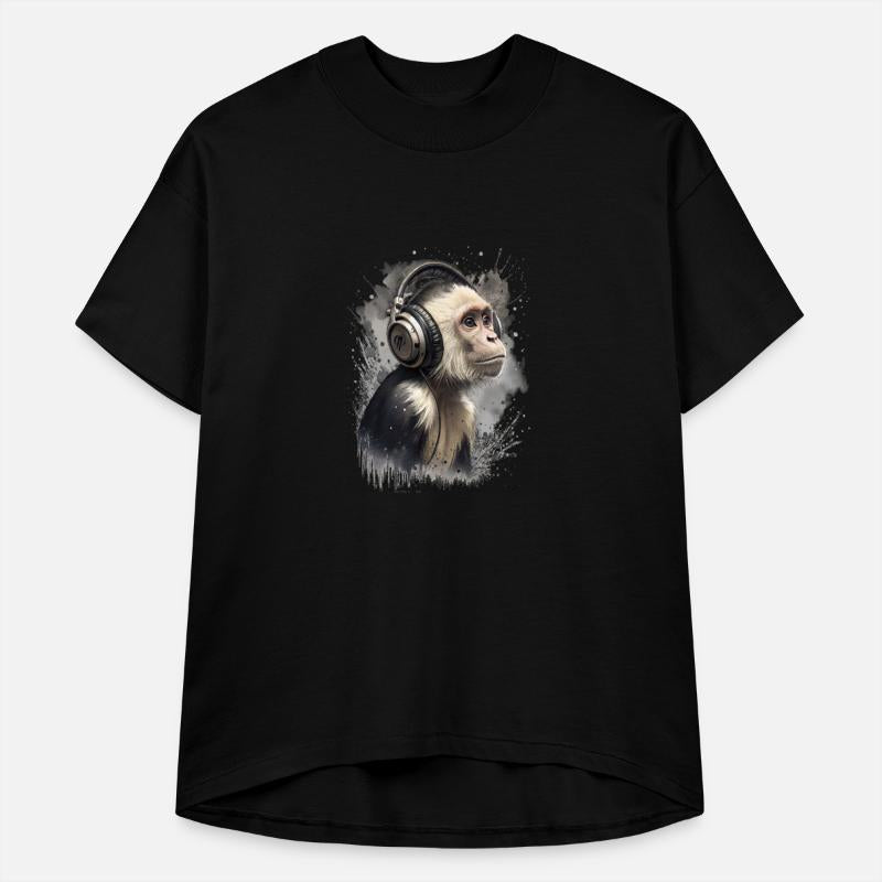 Cool capuchin monkey wearing headphones